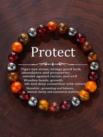 1 pieza/Pulsera de piedra de ojo de tigre natural y cuentas de madera, estilo bohemio, símbolo de riqueza, abundancia y prosperidad, equilibrio entre la vida y la naturaleza, joyería adecuada para todas las estaciones y uso diario, para hombres y mujeres