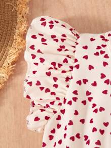 Young Girls Fashion Heart Print Ruffle Trim Sleeveless Jumpsuit + Belt