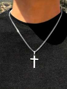 1pc Men's Stainless Steel Non-Fading Cross Necklace, Minimalist Solid Color Versatile Daily Wear Necklace