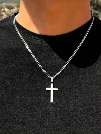 1pc Men's Stainless Steel Non-Fading Cross Necklace, Minimalist Solid Color Versatile Daily Wear Necklace