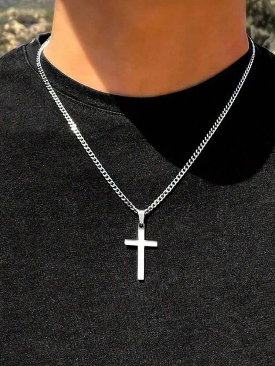 1pc Men's Stainless Steel Non-Fading Cross Necklace, Minimalist Solid Color Versatile Daily Wear Necklace