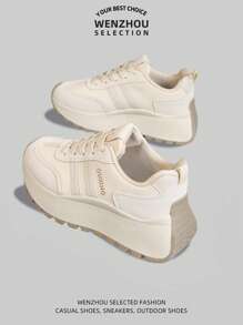1 Pair Women Multi-Function Fashion Colorblock Casual Leather Waterproof Thick Sole Sneakers, Daily Versatile Sporty Outdoor Shoes - Beige - View 2