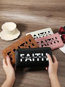 And Functional Women's Long Wallet With "Faith" Letter Print, Premium Leather Material, Multi-Card Slots For Credit Card, Bank Card, And Coin Storage, Zipper Closure For Secure Storage Of Bills And Coins, Compact And Lightweight Design For Easy Carry, Ideal For Shopping, Travel, And Daily Use, Perfect Gift For Girlfriend, Mother, Or Teacher - Black - View 1