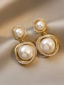topshiny 1 Pair French Pearl Earrings, Korean Niche Luxury Sense Earrings, Personalized Retro Earrings, Surrounded With Rhinestone, Suitable For Daily And Party Wear