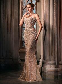 LUVISTRUE Ethereal Pearl Decor Formal Dress, Women Sequin Evening Gown For Graduation, Birthday Party, Gala, Cocktail Party, Concert, Awards Ceremony, Solid Color One-Shoulder Floor-Length Dress - Champagne - View 5