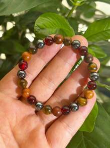 1pc/Natural Tiger Eye Stone And Wood Beads Beaded Bracelet Bohemian Style Wealth Symbol Abundance And Prosperity Day Men Women Life And Nature Balance Jewelry Suitable For All Seasons Daily Wear - Multicolor - View 5