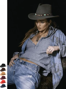 1 件装男女通用西部牛仔帽，带铆钉和宝石，弯曲帽檐，休闲户外牛仔帽，适合派对、节日、时尚配饰