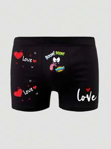 Men's Black Simple Letter, Heart & Printed Elastic Comfortable Briefs - Black - View 1