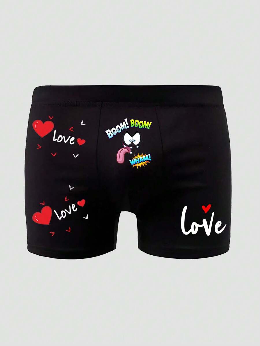 Men's Black Simple Letter, Heart & Printed Elastic Comfortable Briefs - Black - View 1