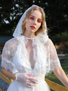 1 Khăn trùm đầu viền ren trắng buộc mạng che mặt cô dâu thời trang thu đông dành cho nữ - trắng - Xem 3