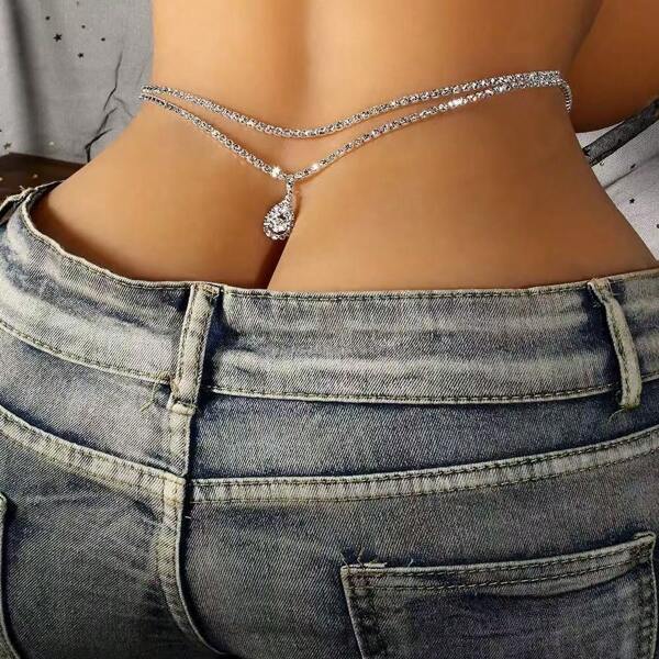 Catena da vita a doppio strato in metallo con ciondolo a forma di cuore e goccia d'acqua, incrostata di strass, minimalista e sexy, accessorio di moda di lusso per donne