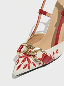 Damen Pumps mit floraler Stickerei, Ketten-Dekor und spitzer Zehenkappe mit Schnallenverschluss, elegante Modeschuhe geeignet für den Alltag, Zusammenkünfte, Partys, festliche Anlässe, Frühling/Sommer, bequeme vielseitige rote High Heels, High Heels, Pumps mit Blume Muster - Rot - Übersicht 7