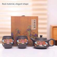 Purple Clay Teapot Golden Dragon Totem High Temperature Color Change Dragon Phoenix Chengxiang Purple Clay Tea Teapot Kung Fu Tea Festival Tea Set (Teapot +2* Teacups)