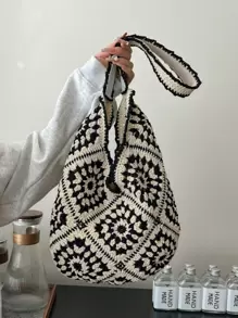 女士编织向日葵图案手提包，大容量软肩手提包，时尚优雅，适合度假 - 黑色 - 查看 3