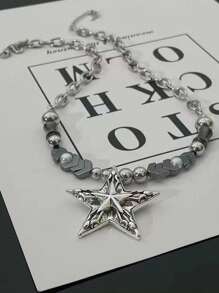 1Pc 欧美复古重工业哥特风格黑银珠星形项链，设计小众，轻奢高端感十足。时尚单品，欧美饰品，派对配饰，派对珠宝，男友礼物，情人节礼物，父亲节礼物 - 彩色 - 查看 5