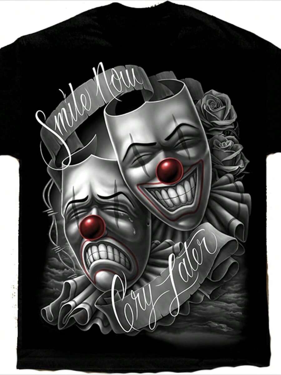 Camiseta de David Gonzales con estampado digital de 220 g, con arte que incluye la máscara "Smile Now Cry Later" y un lowrider - Negro - Ver 1