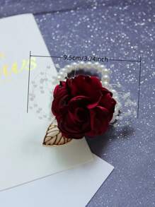 4pcs/Set Wine Red Bride Bridesmaid Wrist Corsage Elastic Faux Pearl Bracelet, For Weddings, Parties, Banquets Valentine's Day Accessories