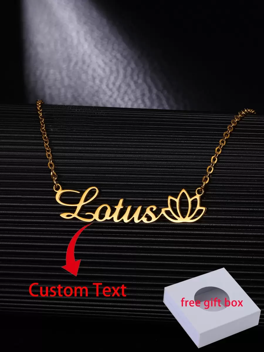 Fashion Personalized New Custom Name Lotus Flower Necklace For Girl & Boy, Stainless Steel Nameplate Collar Customized Letters Pendant Choker Daily, Work, Dating, Gift-Giving, Valentine's Day, Festival, Party Jewelry And Accessories Christmas Gift (Included Gift Box) - Gold - View 1