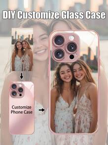 1 pieza Funda de teléfono de vidrio rosa personalizable con foto de familia/pareja/niño/mascota compatible con 16/16 Pro/16 Plus/16 Pro Max y otros modelos