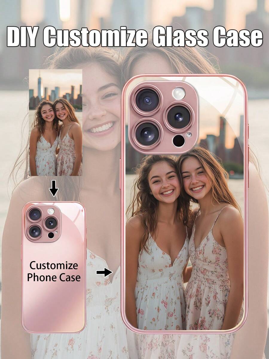 1 pieza Funda de teléfono de vidrio rosa personalizable con foto de familia/pareja/niño/mascota compatible con 16/16 Pro/16 Plus/16 Pro Max y otros modelos
