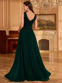 UNITHORSE [随机镂空] 女士V领渐变亮片雪纺腰部收褶纯色优雅派对礼服、婚纱、正式礼服、晚礼服、生日女士服装、毕业礼服