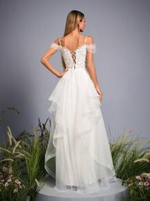 Off-The-Shoulder High-End Pearl Beaded Mesh Wedding Dress,Bride - White - View 3