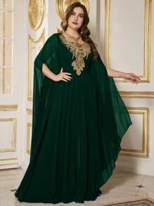 SUPGIR 加大方领长袖金色亮片连衣裙、优雅连衣裙、派对礼服、婚礼宾客礼服、正式礼服、晚礼服、长袍 - 墨綠色 - 查看 6