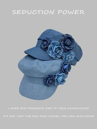 1 pieza Boina de mujer de mezclilla lavada con bordado de flor, sombrero de artista minimalista de moda, elegante gorra plana octogonal de estilo retro adecuada para primavera/verano, compras