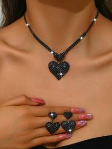 1 套女士优雅全水钻心形项链和耳环，闪亮水晶首饰套装，时尚婚礼派对配饰 - 首飾套裝 - 查看 12