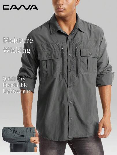 Cavva 男士春季户外钓鱼衬衫纯色柔软轻便透气长袖衬衫徒步露营工作