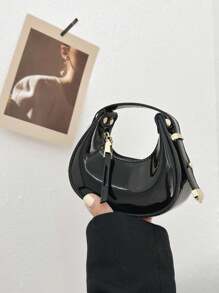 1 pieza Bolso mini infantil PU brillante con forma de media luna, correa de hombro ajustable, cierre de cremallera, bolso estético, moda casual y cómoda, suave y versátil, apta para salidas diarias, jugar, compras diarias y viajes de niñas