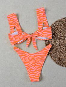 Women's Standard Size Orange Zebra Print Gold Decorative Halter Bikini Set, Beach Swimwear - Orange - View 2