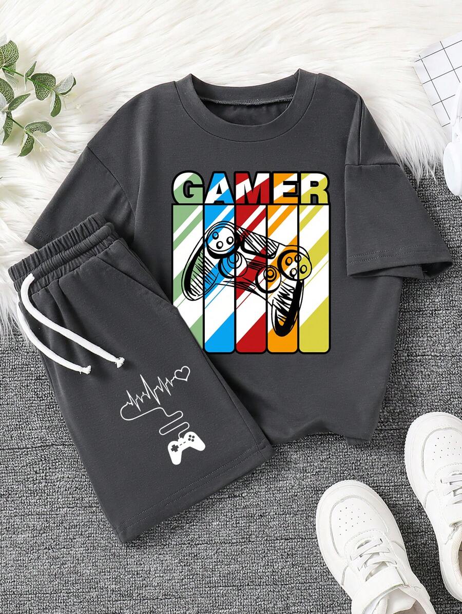 Tween Boy Game Console Printed Round Neck Short Sleeve T-Shirt And Shorts Set - Dark Grey - View 1