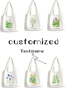 1pc Customized Fashionable Canvas Tote Bag, Floral & Text Design, Unique, Large Capacity, Lightweight, Foldable, Personalized With Letter, Name, Slogan, Suitable For Shopping, Daily Use, School, Office, Storage - White - View 1