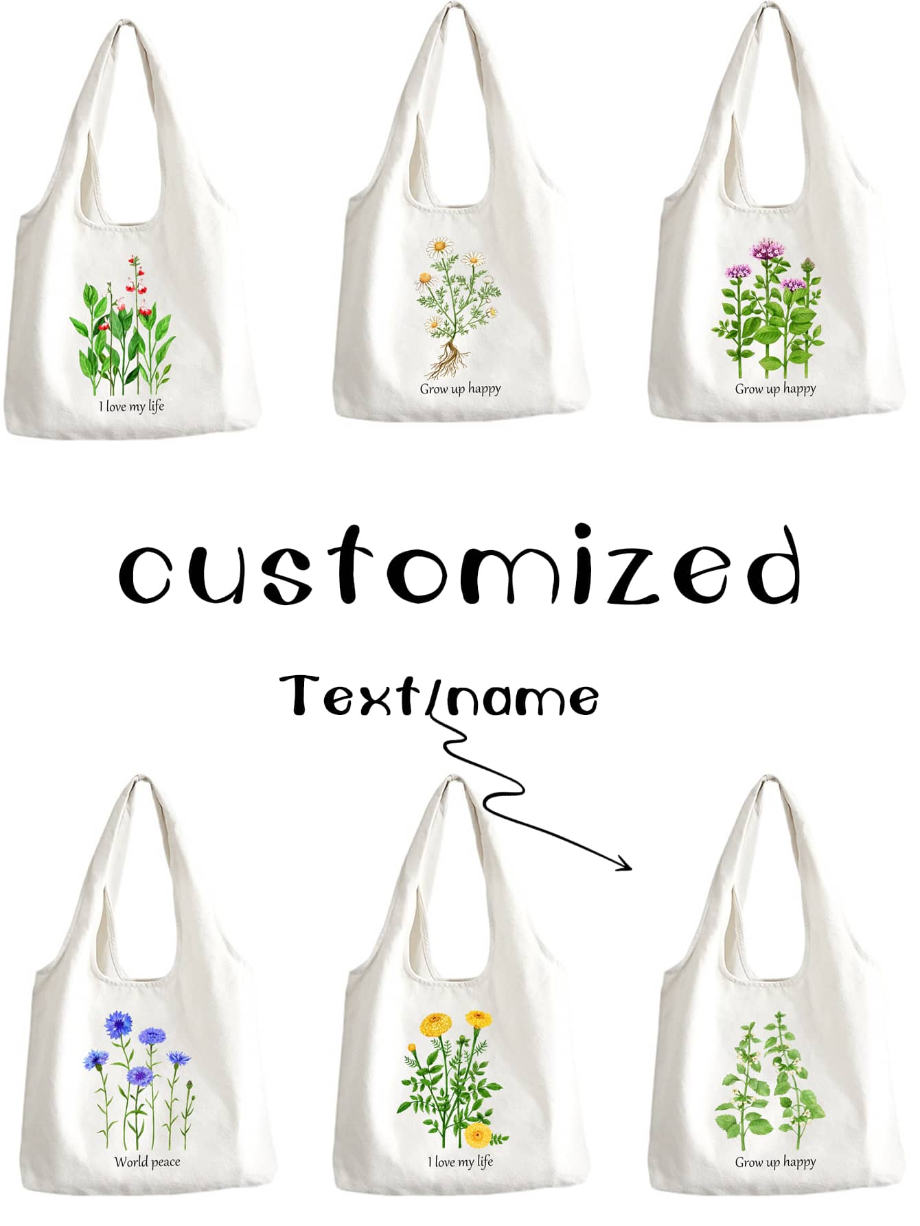 1pc Customized Fashionable Canvas Tote Bag, Floral & Text Design, Unique, Large Capacity, Lightweight, Foldable, Personalized With Letter, Name, Slogan, Suitable For Shopping, Daily Use, School, Office, Storage - White - View 1