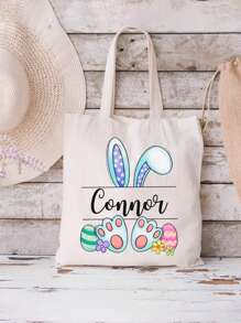 Personalized Easter Bunny Canvas Tote Bag, Custom Name Easter Bag, Bunny Ears Easter Bunny, Kids Easter Bag, Reusable Tote, Easter Basket,Portable,Multifunction,Versatile,Large Capacity,Lightweight,Functional,Practical,All-Purpose,Colorful,Adorable,Funny,Kawaii,Vacay Vibes/Vacation,Minimalist,Unisex,Leisure,Commuting,Custom,Personalized,Unique,Customized,Ideal Gifts For Her,Boyfriend,Girlfriend,Family,Women, Rookies & White-Collar Workers,Friends,For Anniversaries,For Birthdays,For Outdoors/Outings/Travel/Hiking/Stadium/Sports/Climbing,For Business/Commute/Work/Office - White - View 5