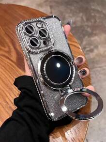 Estuche para iPhone con brillo y purpurina, soporte, soporte magnético y espejo, marco de cámara con rhinestones, cubierta protectora a prueba de golpes, delgado y liviano, estilo Y2K/estético, regalo para niñas, adolescentes y estudiantes