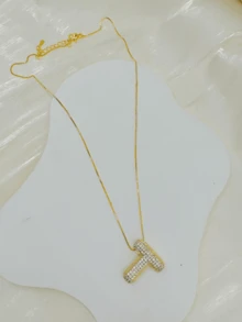 Colar de Charme com Pingente de Zircônia Decoração Letra T Colar Banhado A Ouro, Joias, Presentes