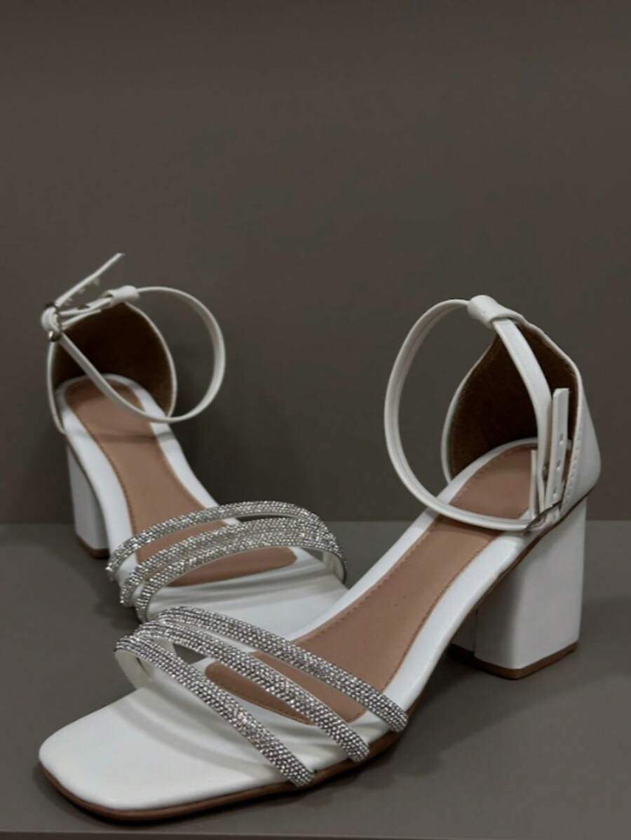 Women's Sandals With Thick, Medium Heel And Lace-Up, Shiny, Braided, Fashion Promotion - 白色 - 查看 1