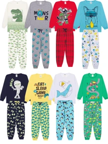 2 Peças de Pijama Infantil Menino Manga Longa Variadas - 1 Camiseta + 1 Calças