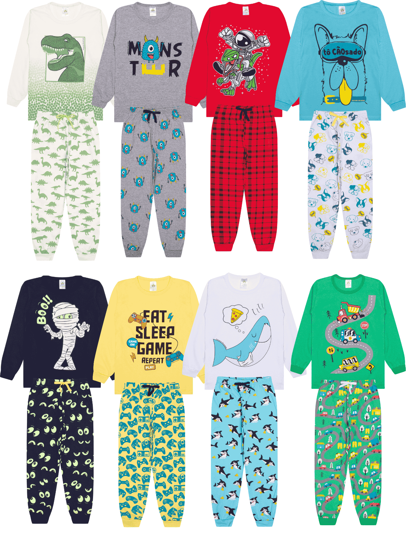 2 Peças de Pijama Infantil Menino Manga Longa Variadas - 1 Camiseta + 1 Calças