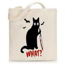 Halloween Tote Canvas Storage Bag, With Humorous Black Cat Pattern - 1 Piece Canvas Shopping Tote Bag Large Capacity, Double-Sided Printed Bag, Perfect Choice For Shopping And Gifts, Casual Practical Commuting Bag, Gift YJ
