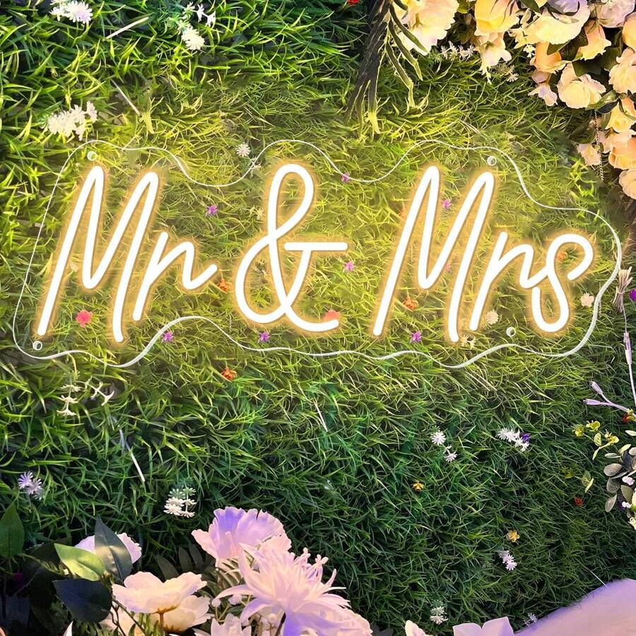 Mr&Mrs Wedding Neon Sign, Wedding Neon LED Backdrop Decorations, Engagement, Wedding, Banquet And Room Bedroom Decor Signs, Anniversary Engagement Reception Gifts - 暖白光 - 查看 1