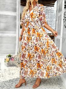 PoPoHouse Women's Elegant Romantic Holiday Wind Floral Print Belt Summer Dress, Beach Vacation Outfits Women - Yellow - View 1