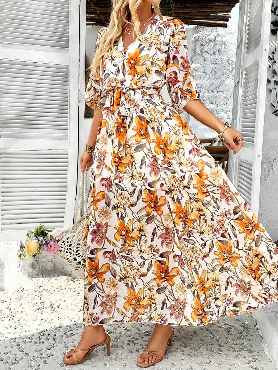 PoPoHouse Women's Elegant Romantic Holiday Wind Floral Print Belt Summer Dress, Beach Vacation Outfits Women - Yellow - View 1