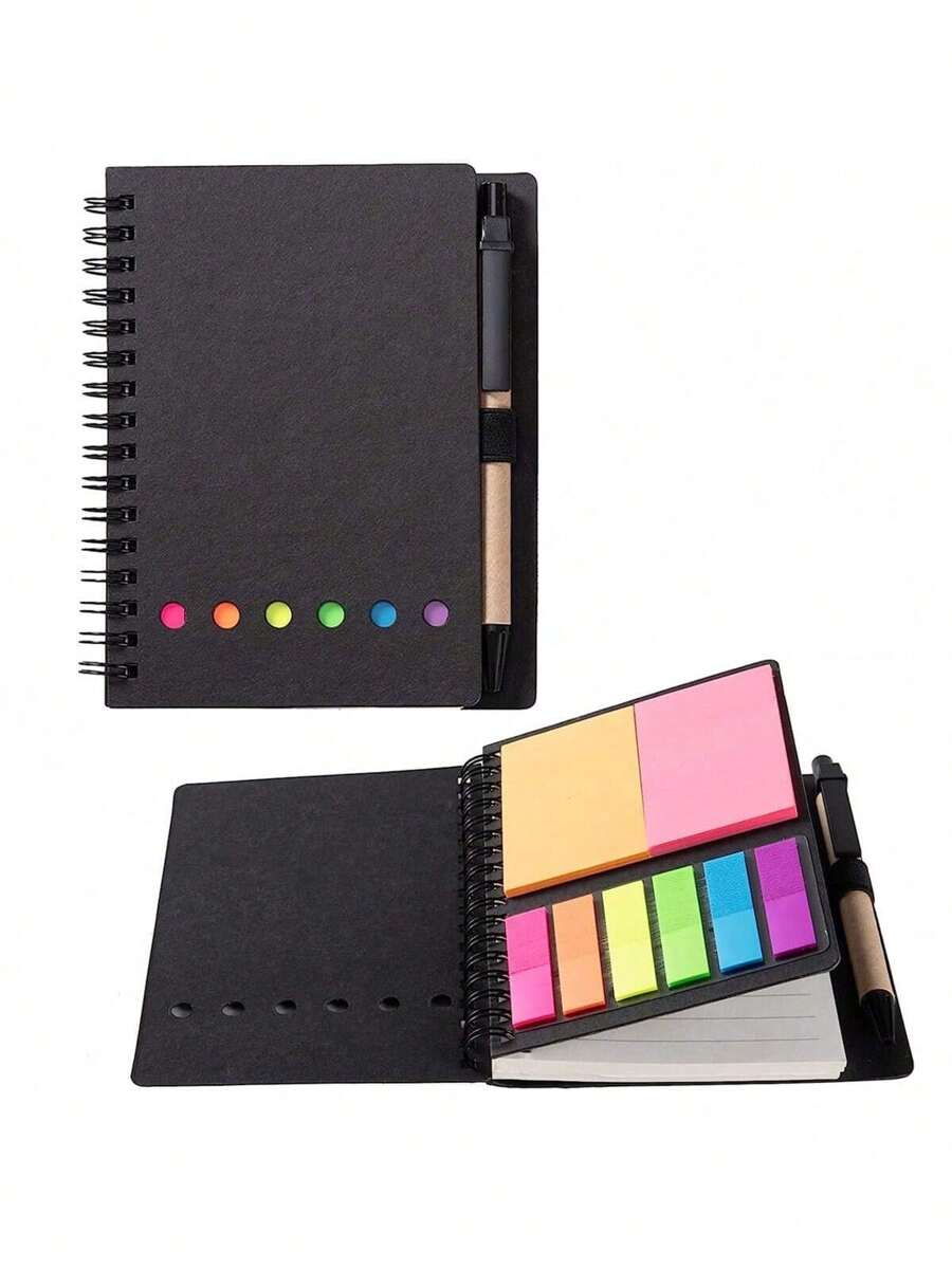 1/2/5pcs Notebook Set With Pen Holder And Random Color Index Stickers, Suitable For Study And Office Use, Random Memo Pad, Sticky Note Set School Supplies
