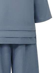 Women's Solid Color V-Neck Top And Pocket Pants Casual 2 Pieces Set - Blue - View 7