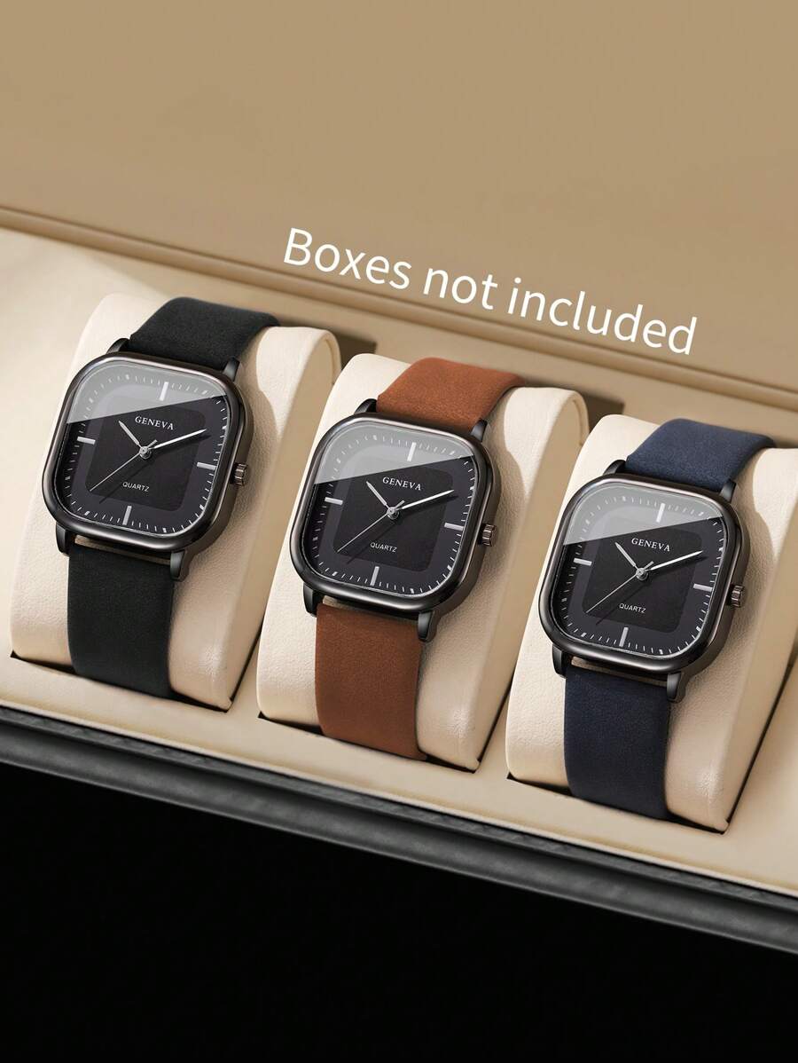 3pcs Set: Men's Square Minimalist Dial Quartz Watch & Leather Belt Accessories, Excluding Watch Box - Multicolor - View 1