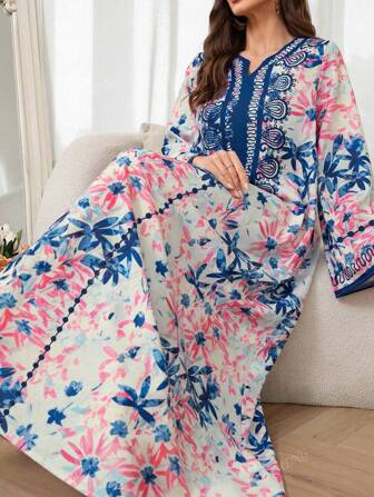 Women's Arabic Style Printed Long Sleeve Dress,Modest