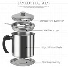 Bacon Grease Container With Strainer, 48 Oz Stainless Steel Oil Container, Pot Fat Storage With Lid, Easy Grip Handle Suitable For Storing Frying Oil And Cooking Grease